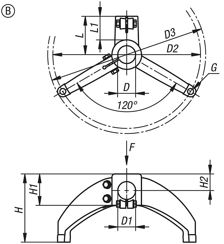 Piedino di collegamento in plastica per tubi rotondi, a due gambe, con traversa, forma B