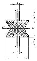 Rubber buffers type AT waisted with external thread both sides