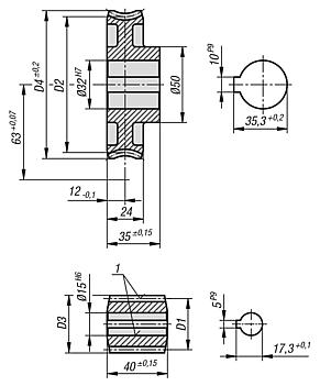 Worm gears, right-hand centre distance 63 mm