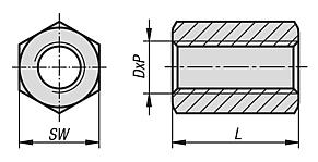 Trapezoidal thread nuts, hexagon single-start, RH or LH thread