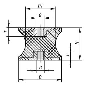 Rubber buffers steel type CT tapered with internal thread both sides