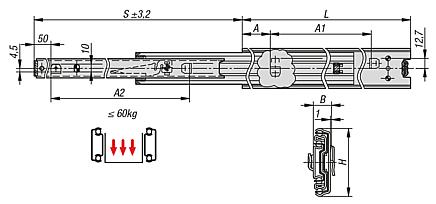 Telescopic slides, steel for side mounting, over-extension, load capacity up to 60 kg