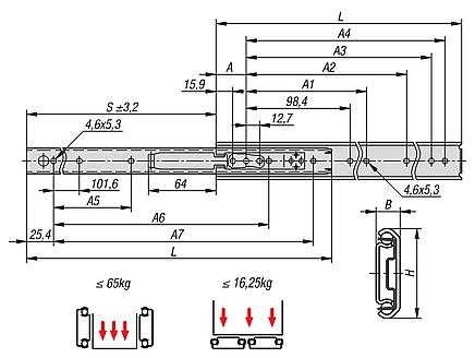 Telescopic slides, steel for side mounting, partial extension, load capacity up to 65 kg