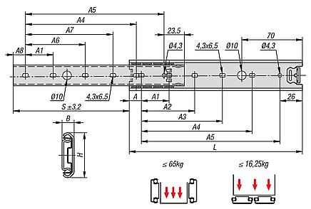 Telescopic slides, stainless steel for side mounting, partial extension, load capacity up to 65 kg