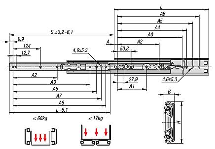 Telescopic slides, steel for side mounting, over-extension, load capacity up to 68 kg