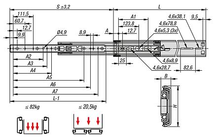 Telescopic slides, steel for side mounting, over-extension, load capacity up to 82 kg