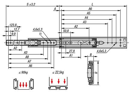 Telescopic slides, stainless steel for side mounting, over-extension, load capacity up to 90 kg