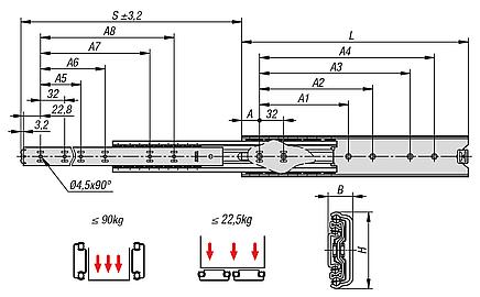 Telescopic slides, steel for side mounting, over-extension, load capacity up to 100 kg