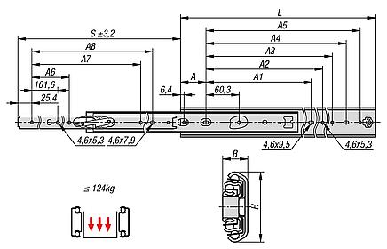 Telescopic slides, steel for side mounting, full extension, load capacity up to 124 kg