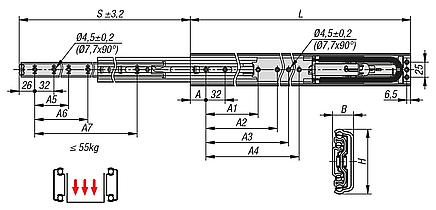 Telescopic slides, steel for side mounting, full extension, load capacity up to 100 kg