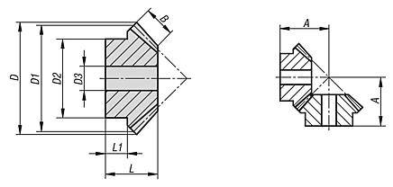 Bevel gears in steel, ratio 1:1 toothing milled, straight teeth, engagement angle 20°