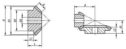 Bevel gears in steel, ratio 1:2 toothing milled, straight teeth, engagement angle 20°