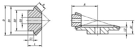 Bevel gears in steel, ratio 1:3 toothing milled, straight teeth, engagement angle 20°