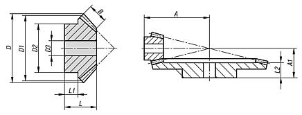 Bevel gears in steel, ratio 1:4 toothing milled, straight teeth, engagement angle 20°