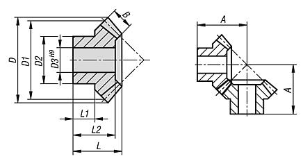 Bevel gears, plastic, ratio 1:1 injection-moulded, straight teeth, engagement angle 20°