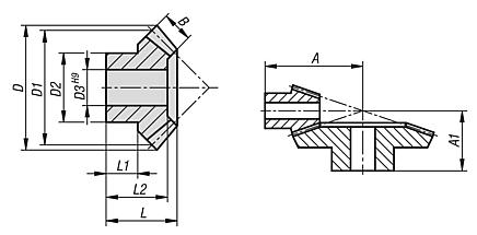 Bevel gears, plastic, ratio 1:2 injection moulded, straight teeth, engagement angle 20°