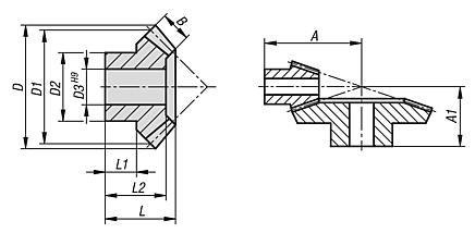 Bevel gears, plastic, ratio 1:3 injection moulded, straight teeth, engagement angle 20°