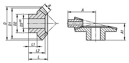 Bevel gears, plastic, ratio 1:4 injection-moulded, straight teeth, engagement angle 20°