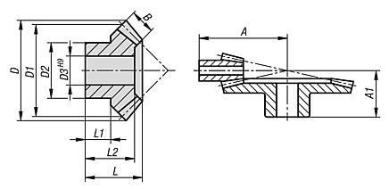 Bevel gears, plastic, ratio 1:5 injection moulded, straight teeth, engagement angle 20°