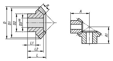 Bevel gears, plastic, ratio 1:1.5 injection moulded, straight teeth, engagement angle 20°