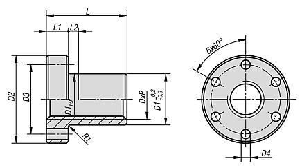 Porcas roscadas trapezoidais com flange de filete simples, rosca direita ou esquerda