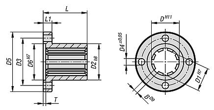 Splined hubs with flange similar to DIN ISO 14