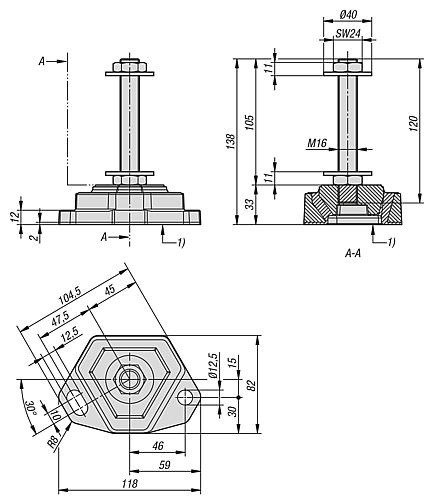 Machine feet, aluminium with vibration absorption screw-on