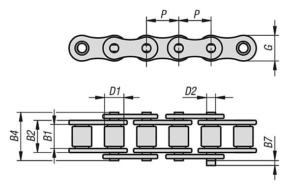 Roller chains single stainless steel DIN ISO 606, curved link plate