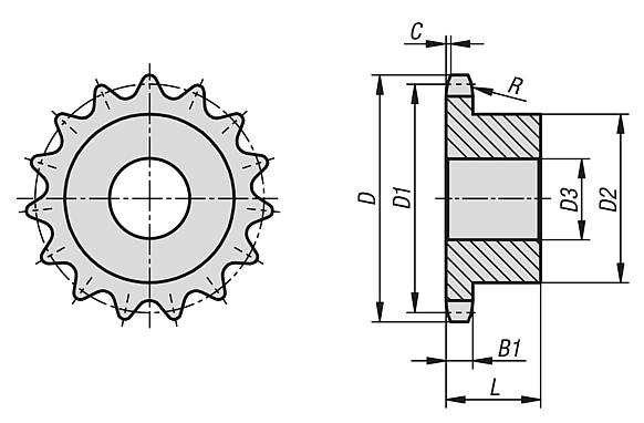 Řetězová kola, jednoduchá 1/2" x 5/16", nerezová ocel DIN ISO 606