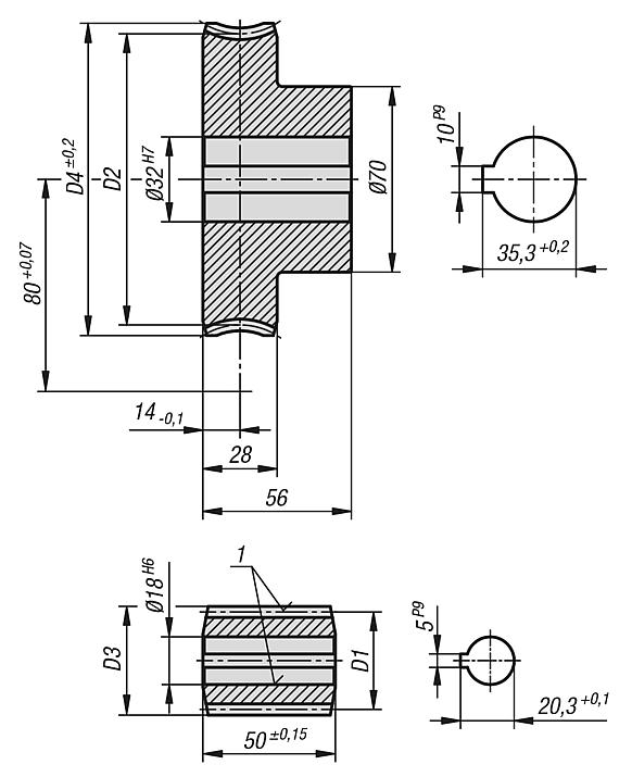 Worm gears, right-hand centre distance 80 mm