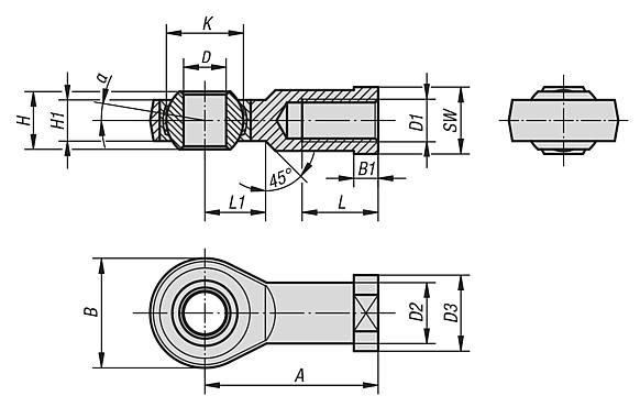 Rod ends with plain bearing internal thread, narrow version, DIN ISO 12240-4