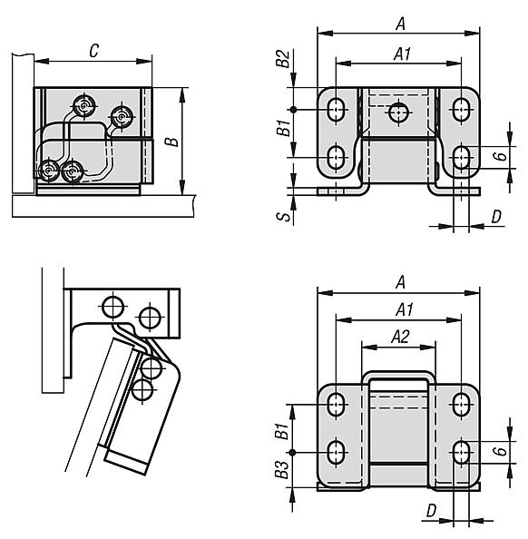 Hinges steel or stainless steel internal, opening angle 125°