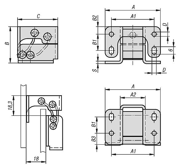 Bisagras de acero o acero inoxidable interiores, ángulo de apertura 90°