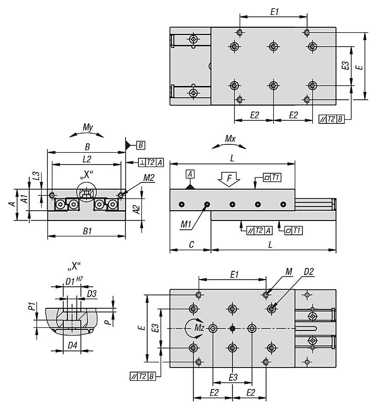 Tables de guidage de précision à palier à rouleaux avec perçages de positionnement