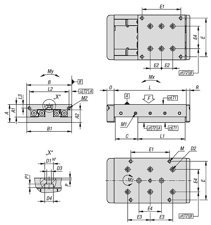 Tables de guidage de précision à palier à rouleaux avec butées et perçages de positionnement