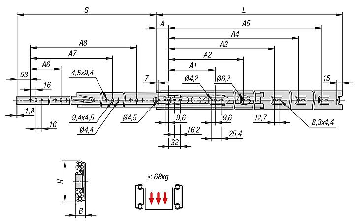 Steel telescopic slides for side mounting, full extension, load capacity up to 68 kg