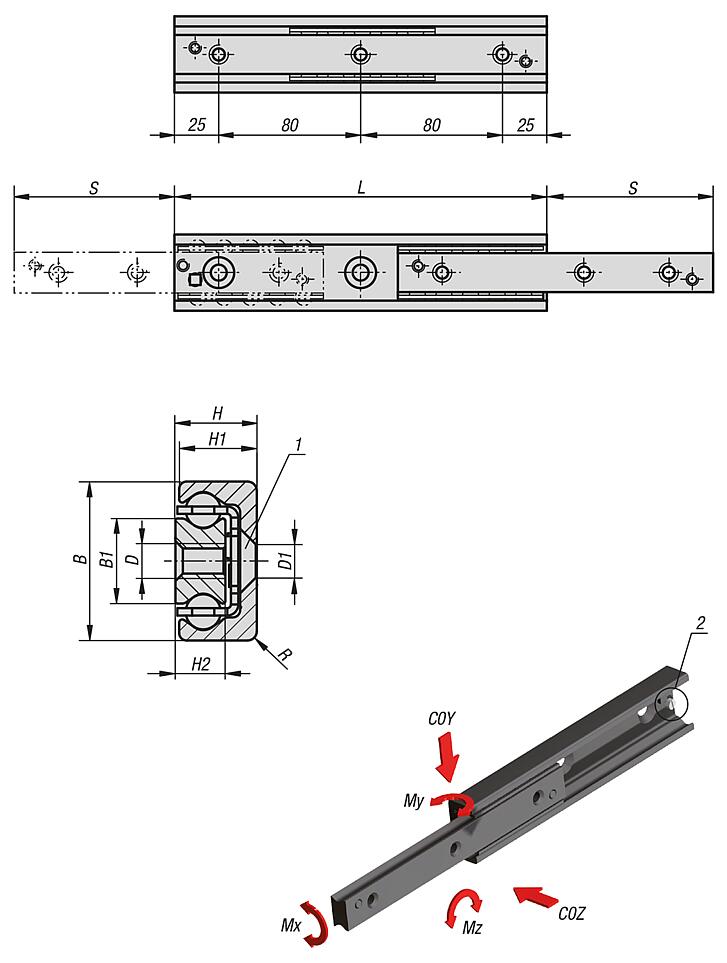 Telescopic slides, steel partial extension, load capacity up to 741 kg