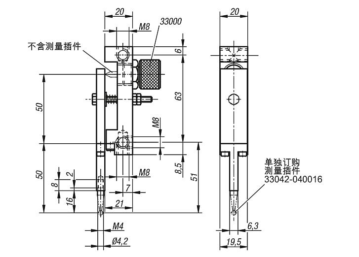 180° 偏转表架，带螺纹的测头杆