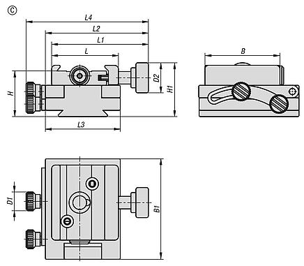 Quick-action clamp, aluminium, with angle element, Form C compact, adjustable