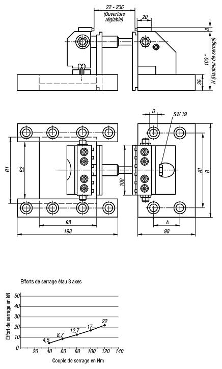 Étau de bridage 3 Axes pour tables à trous