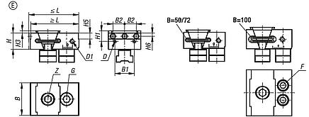 Wedge clamps with fixed jaw for multi-clamping system, Form E, with jaw pins
