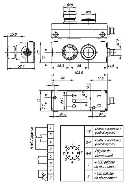 Bouton d'arrêt d'urgence avec bouton poussoir dans boîtier « Minibox » Ø 22,3 mm raccord M12