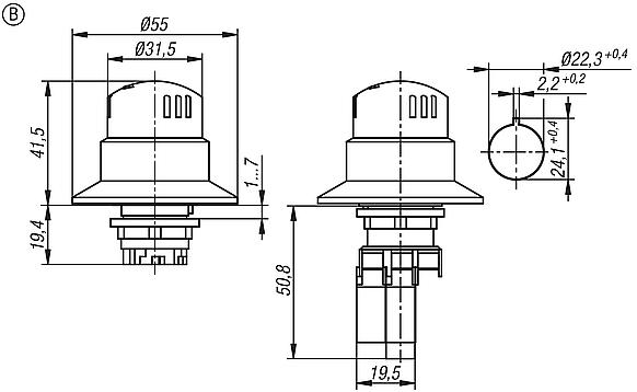 Bouton d'arrêt d'urgence version à encastrer Ø 22,3 mm
avec blocs de contact, forme B