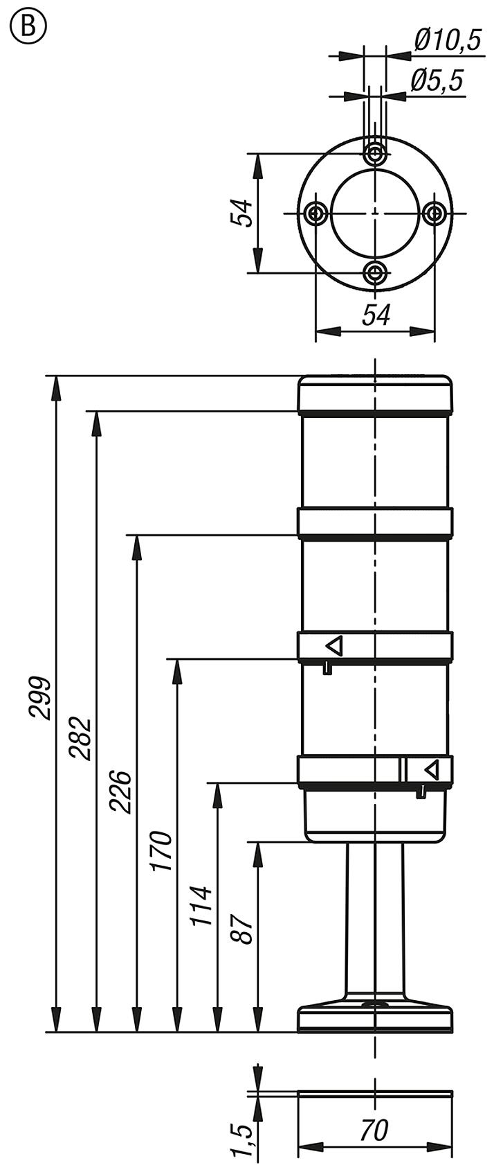 信号塔，LED 绿色、黄色、红色，整套设备直径 70 mm，B 型