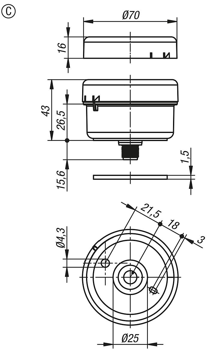 Connecting element, Ø70 mm 12-230 V AC/DC, Form C