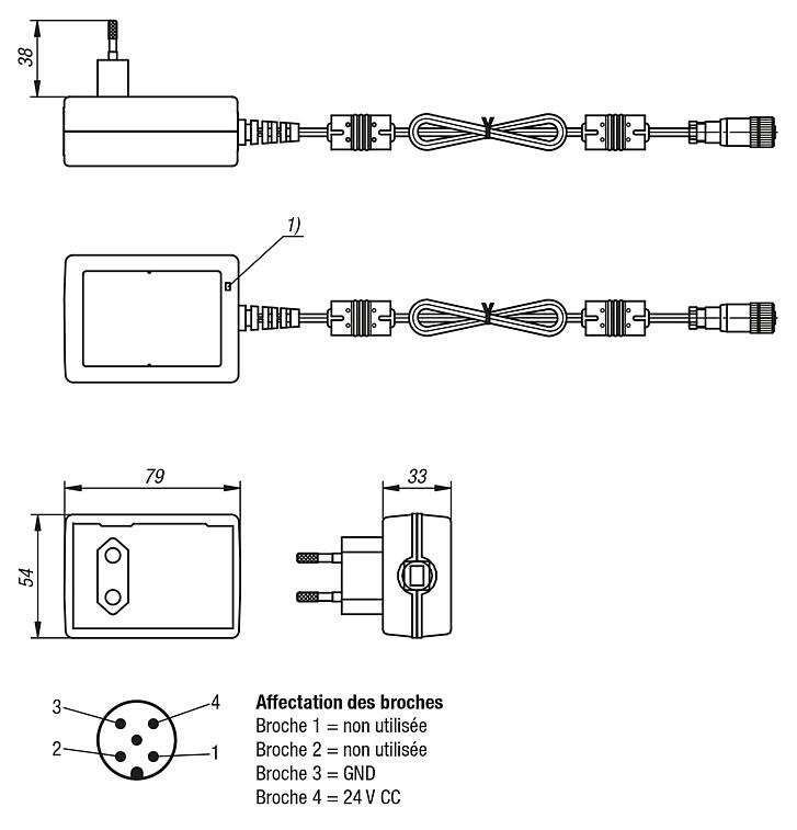 Bloc d’alimentation 24 V CC, 36 W, 1,5 A, entrée 100-240 V CA avec douille M12 codée A