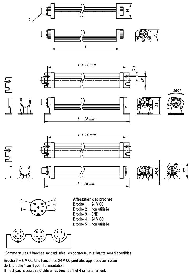 Lampes à LED pour machines dans boîtier en aluminium 5 600 K, à intensité variable, 24 V CC, verre de sécurité