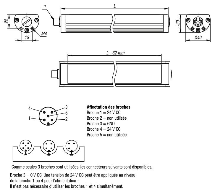 Lampes à LED pour machines dans boîtier en aluminium 5 600 K, à intensité variable, 24 V CC, verre de sécurité