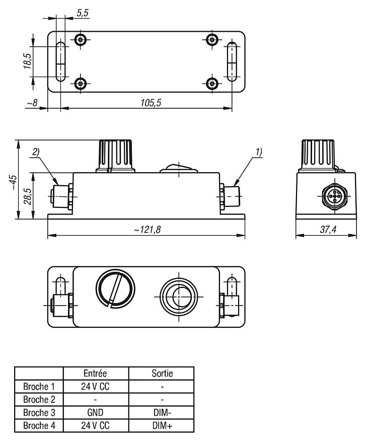 Boîtier de commande variateur 24 V CC avec connecteur M12 mâle/femelle codé A