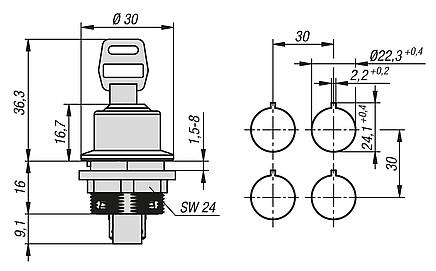 闭锁钥匙开关，内置款式，Ø 22.3 mm
扁插头接口，紧凑型